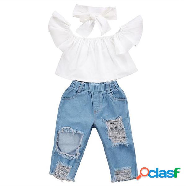 Summer baby girl kids clothes set flying sleeve white