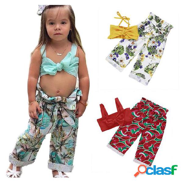 Summer baby girls outfits shoulder straps bow printed pants