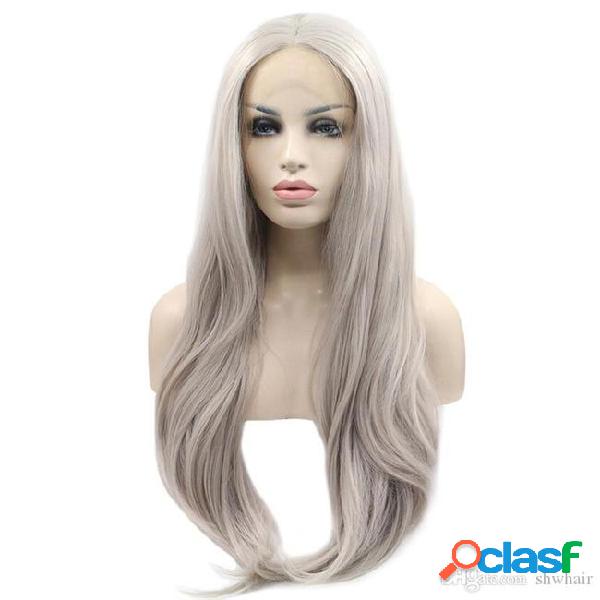 Synthetic grey wigs for white women long straight hand tied