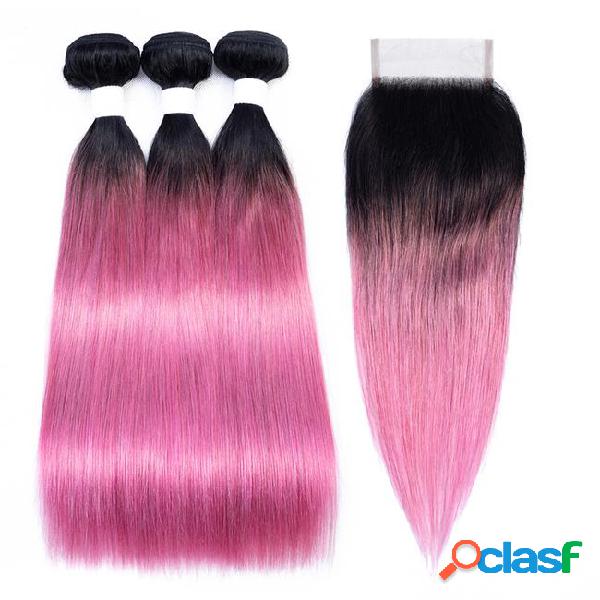 T 1b pink red bundles with closure ombre straight human hair