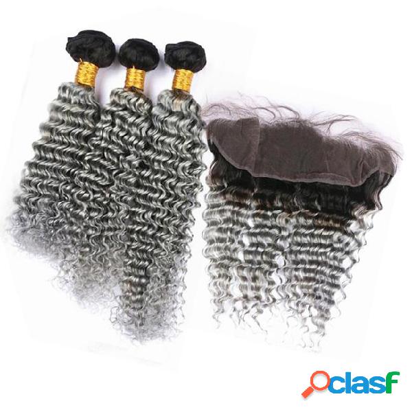 T1b grey ombre deep wave human hair bundles with lace