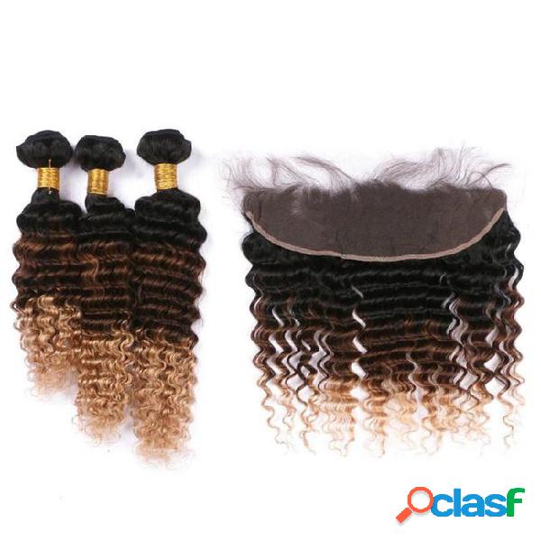 T1b/4/27 ombre brazilian deep wave hair bundles with lace