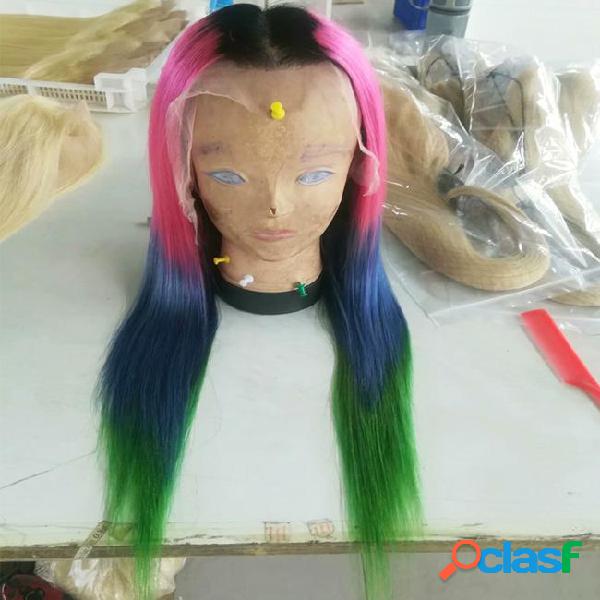 T1b/pink/blue/green 4t ombre human hair lace front wigs for