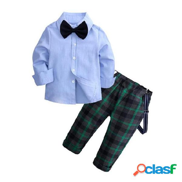 Toddler boys formal clothing sets tie blue shirt + lattice