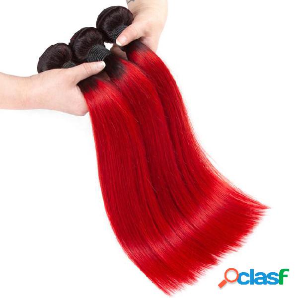 Two tone 1b/red straight human hair weave 3/4 bundles