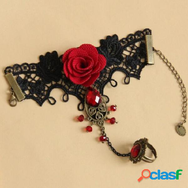 Vintage lace hollow metal bracelet new fashion red rose bead