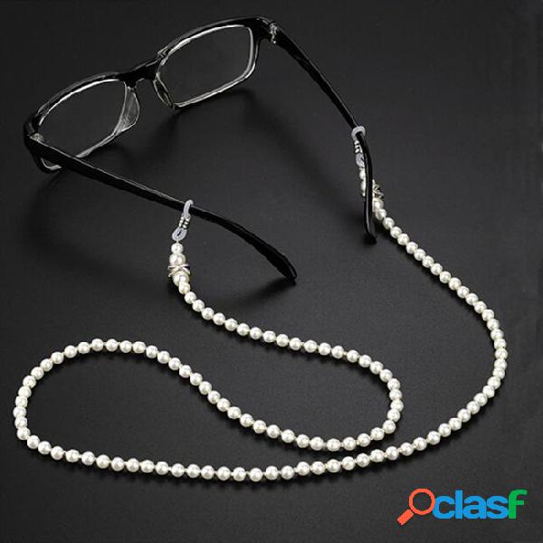 White sunglasses chain wearing neck holding pearl beaded for