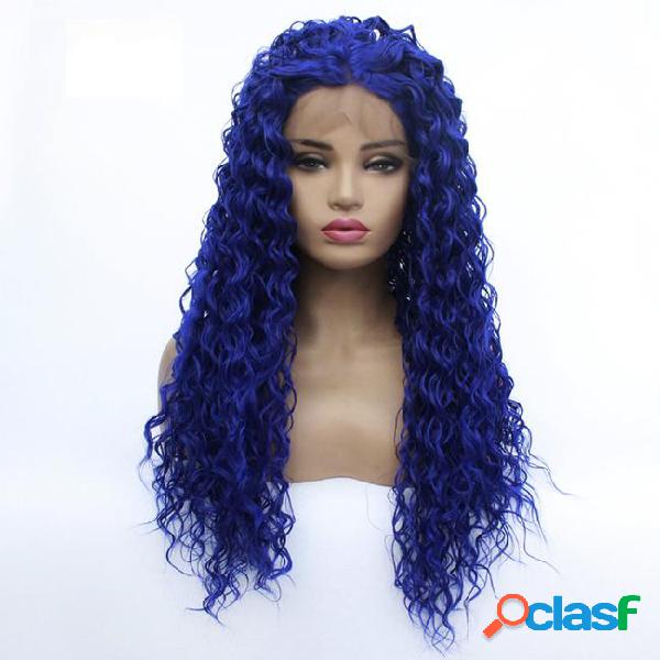 Wholesale deep curly lace front wig blue hair heat resistant