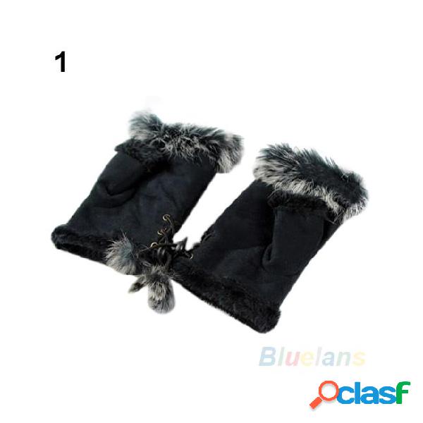Wholesale- hot new rabbit fur leather lady fingerless suede