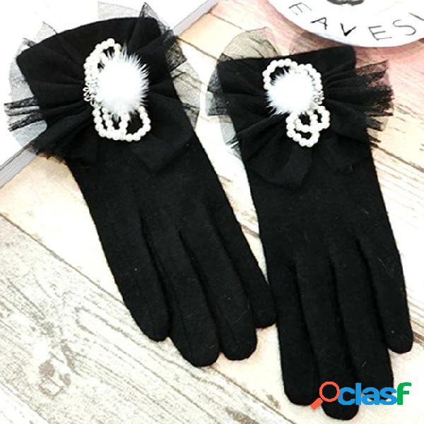 Women gloves pearl bowknot touch screen glove lady warm