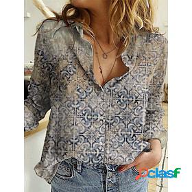 Women's Shirt Blouse Blue Button Print Graphic Casual Daily