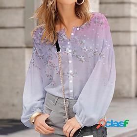 Women's Shirt Blouse White Pink Blue Button Print Floral