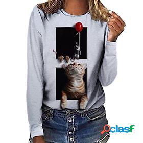 Women's T shirt Tee Black White Khaki Print Cat 3D Daily