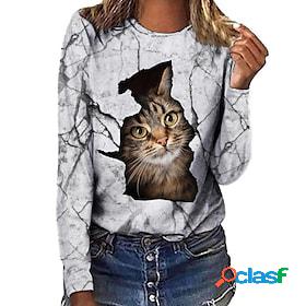 Women's T shirt Tee Blue Khaki Light Grey Print Cat 3D Daily