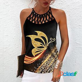 Women's Tank Top Silver Gold Cut Out Print Butterfly Casual