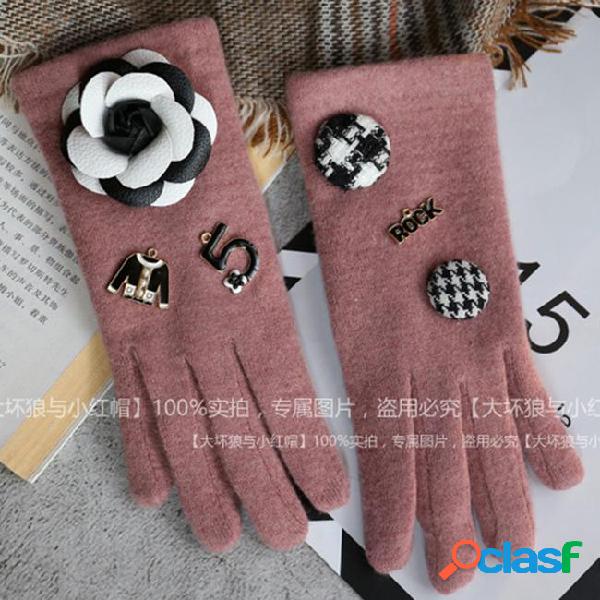Wool cashmere warm gloves for women winter fashion flower