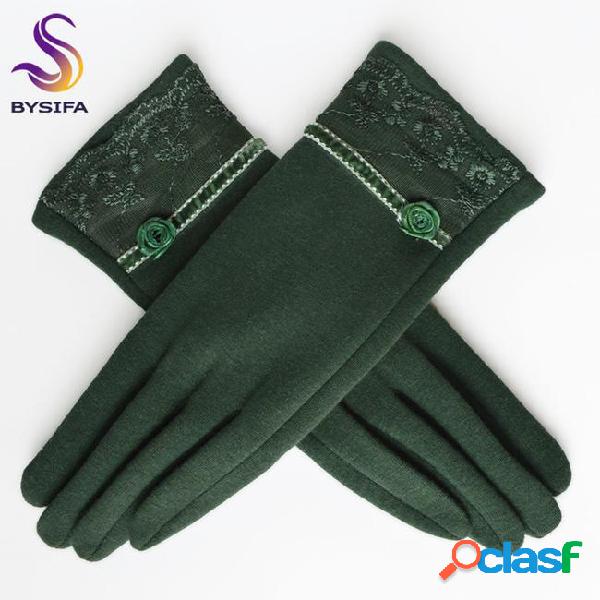 [bysifa] cashmere wool women gloves winter thick ladies lace